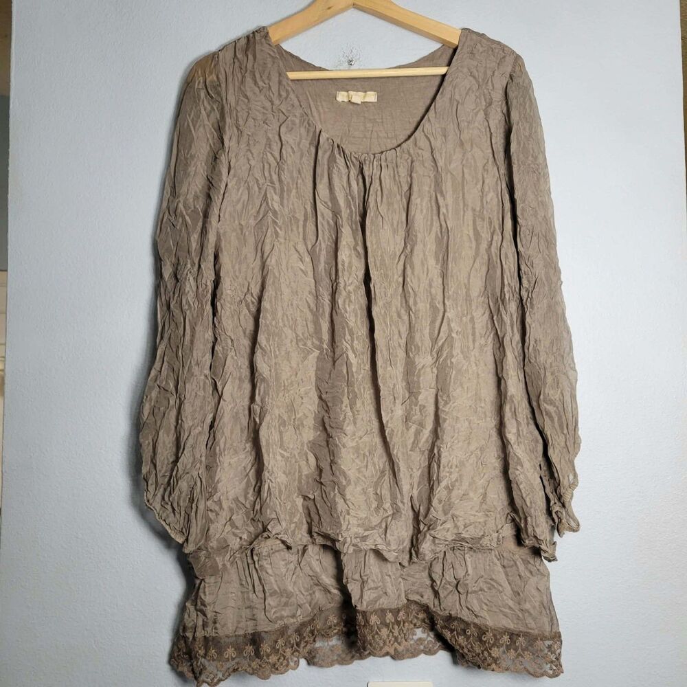 Pronto Moda Giusy Silk Lagenlook Tunic Blouse 2X Italy Crinkle Lace Layered Boho